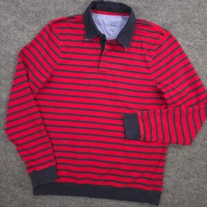 LL Bean Rugby Polo Shirt Mens Medium Red Navy Striped Long Sleeve Preppy Outdoor